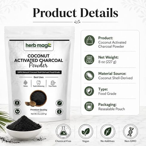 Activated Charcoal Powder – 8 oz (227 g) | Coconut Shell Derived | Finely Milled Powder for DIY Tooth Powder & Beauty Use| Herb Magic in Saudi Arabia