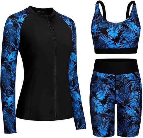 Womens Rash Guard Sets Long Sleeve Swimsuit with Zipper Swim Shorts Two Pockets 3 Piece Bathing Suit 2026 UPF 65+ SPF in Kuwait