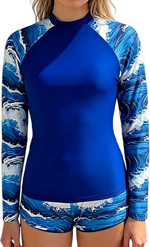 قميص سباحة نسائي مكون من قطعتين من Rash Guard بأكمام طويلة مع بدلة سباحة قصيرة للحماية من الشمس سريعة الجفاف in Kuwait