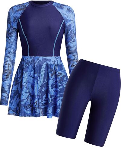 IDOPIP Women Two Piece Rash Guard Sets Long Sleeve Floral Print UPF50+ Swim Dress with Shorts Modest Swimsuit Bathing Suit in Kuwait