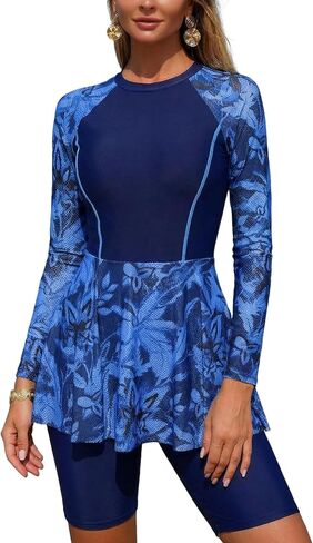 IDOPIP Women Two Piece Rash Guard Sets Long Sleeve Floral Print UPF50+ Swim Dress with Shorts Modest Swimsuit Bathing Suit in Kuwait