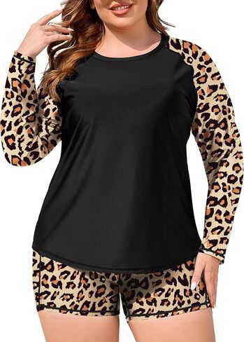 COOTRY Womens 2 Piece Plus Size Rash Guard Swimwear Long Sleeve Swimsuits Bathing Suit Swim Shirt and Shorts UPF 50+ in Kuwait