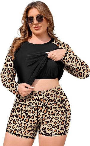 COOTRY Womens 2 Piece Plus Size Rash Guard Swimwear Long Sleeve Swimsuits Bathing Suit Swim Shirt and Shorts UPF 50+ in Kuwait