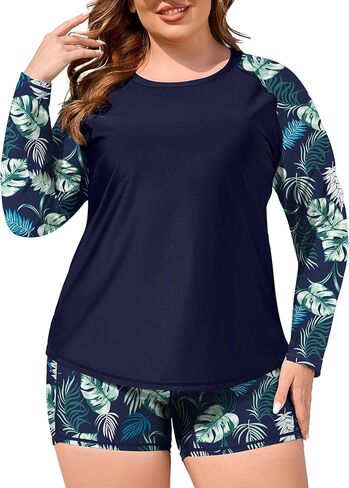 COOTRY Womens 2 Piece Plus Size Rash Guard Swimwear Long Sleeve Swimsuits Bathing Suit Swim Shirt and Shorts UPF 50+ in Kuwait