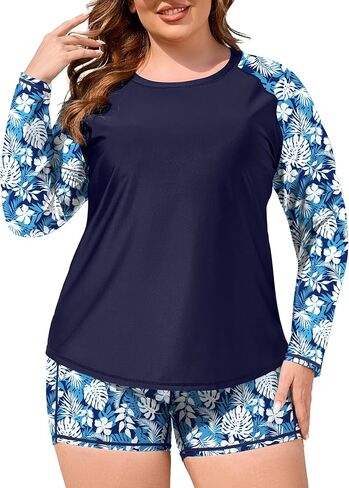 COOTRY Womens 2 Piece Plus Size Rash Guard Swimwear Long Sleeve Swimsuits Bathing Suit Swim Shirt and Shorts UPF 50+ in Kuwait