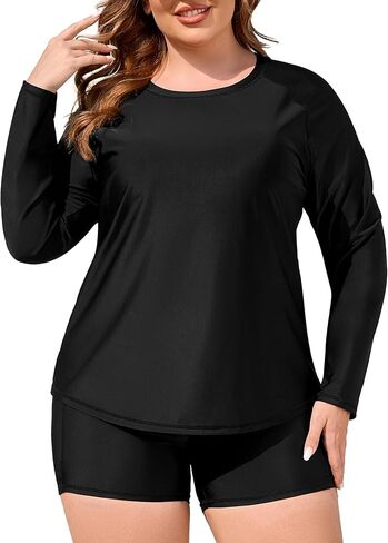 COOTRY Womens 2 Piece Plus Size Rash Guard Swimwear Long Sleeve Swimsuits Bathing Suit Swim Shirt and Shorts UPF 50+ in Kuwait
