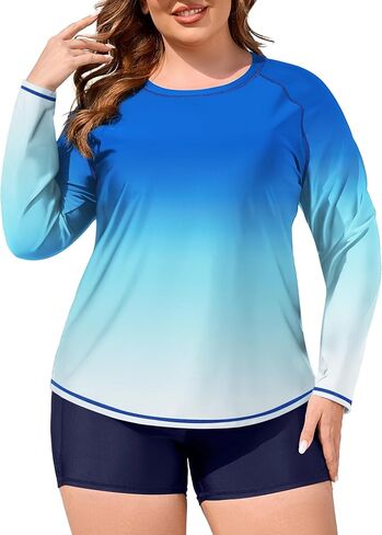 COOTRY Womens 2 Piece Plus Size Rash Guard Swimwear Long Sleeve Swimsuits Bathing Suit Swim Shirt and Shorts UPF 50+ in Kuwait