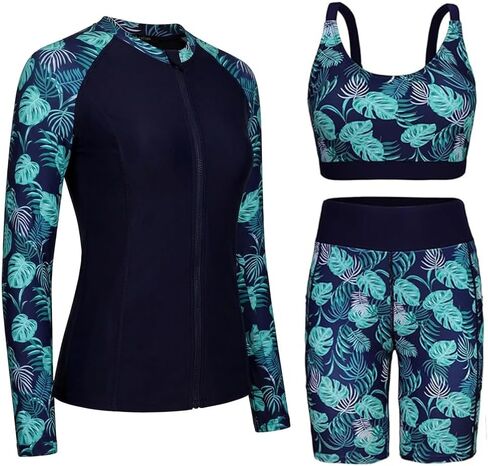 Womens Rash Guard Sets Long Sleeve Swimsuit with Zipper Swim Shorts Two Pockets 3 Piece Bathing Suit 2026 UPF 65+ SPF in Kuwait