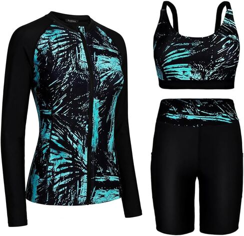 Womens Rash Guard Sets Long Sleeve Swimsuit with Zipper Swim Shorts Two Pockets 3 Piece Bathing Suit 2026 UPF 65+ SPF in Kuwait