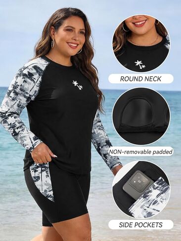 قميص سباحة نسائي من SHEKINI مقاس كبير مكون من قطعتين من Rash Guard بأكمام طويلة مع حمالة صدر وشورت بويشورت in Kuwait