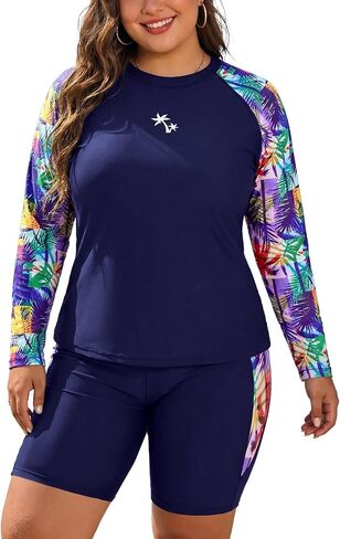 قميص سباحة نسائي من SHEKINI مقاس كبير مكون من قطعتين من Rash Guard بأكمام طويلة مع حمالة صدر وشورت بويشورت in Kuwait
