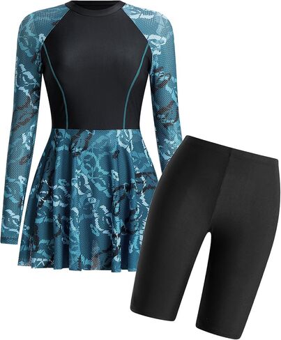 FYMNSI Women Split Two-Piece Swimsuit Breathable Mesh Long Sleeve Floral Print Swim Dress with Boyshorts Modest Bathing Suit in Kuwait