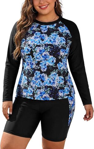 قميص سباحة نسائي من SHEKINI مقاس كبير مكون من قطعتين من Rash Guard بأكمام طويلة مع حمالة صدر وشورت بويشورت in Kuwait