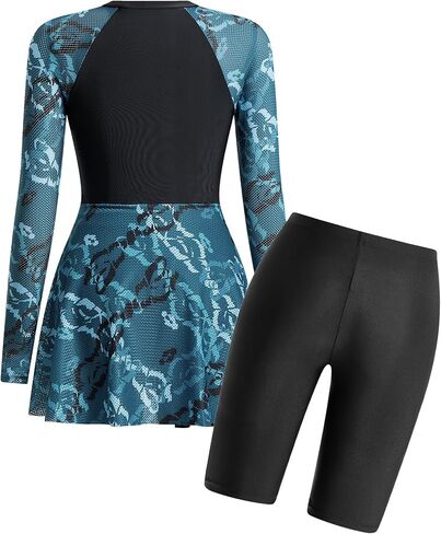 FYMNSI Women Split Two-Piece Swimsuit Breathable Mesh Long Sleeve Floral Print Swim Dress with Boyshorts Modest Bathing Suit in Kuwait