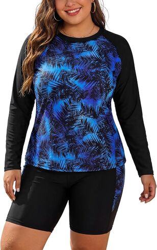 قميص سباحة نسائي من SHEKINI مقاس كبير مكون من قطعتين من Rash Guard بأكمام طويلة مع حمالة صدر وشورت بويشورت in Kuwait