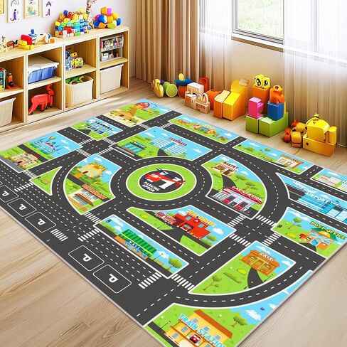 Kids Area Rugs for Playroom Non-Silp Carpet 3x4Ft Washable Rug for Kid, City Road, Building, Landmark Playmat for Kids Bedroom Classroom in Saudi Arabia