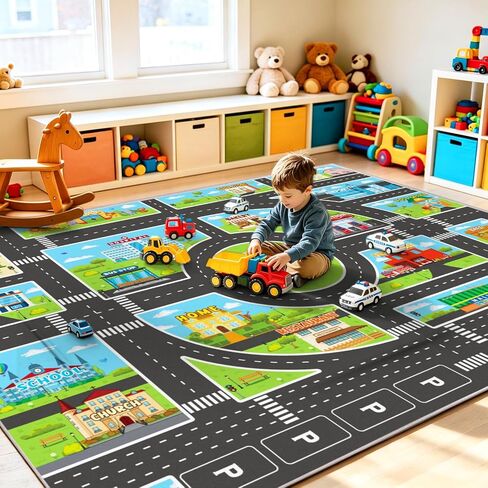 Kids Area Rugs for Playroom Non-Silp Carpet 3x4Ft Washable Rug for Kid, City Road, Building, Landmark Playmat for Kids Bedroom Classroom in Saudi Arabia