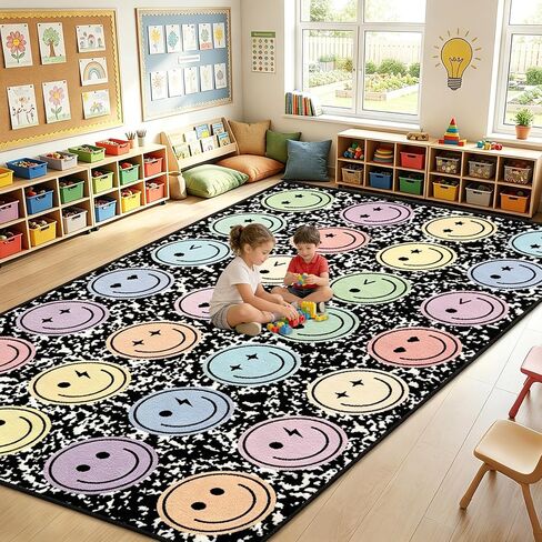 7.6x12 ft Large Smile Face Classroom Rug Happy Face Educational Area Mat Composition Notebook Play Carpet Back to School Learning Mat for Preschool Playroom Nursery Kindergarten(Black and White) in Saudi Arabia