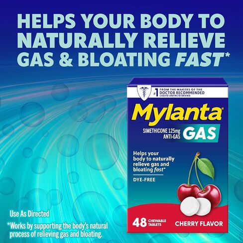 Mylanta Fast Gas Relief - Simethicone Chewable Tablets for Adults, Simethicone 125 mg, Painful Gas & Bloating Relief, Cherry, 48 Count in Kuwait