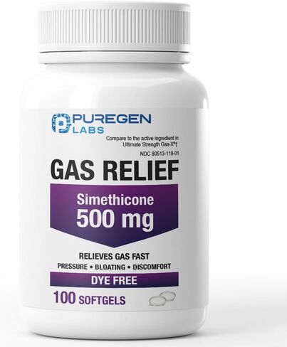 Puregen Labs Gas Relief Softgels with Simethicone 500 mg, Dye Free Formula, Fast Relief from Gas, Bloating & Pressure - 50 Softgels in Kuwait