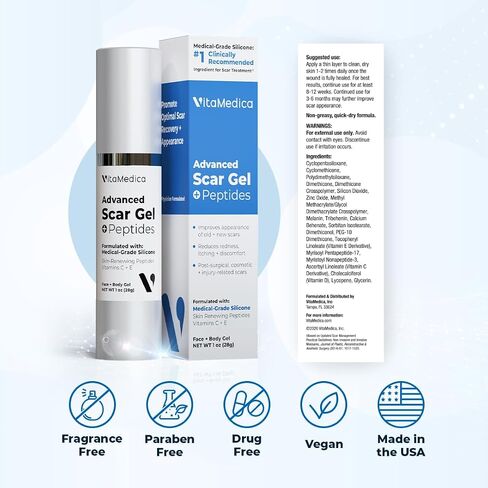 VitaMedica Scar Gel + Peptides - Medical Grade Silicone Scar Gel for Old & New Scars, Acne, Surgical, Burn & Keloid, Helps Reduce Redness & Itching, Face & Body, 1 oz in Saudi Arabia