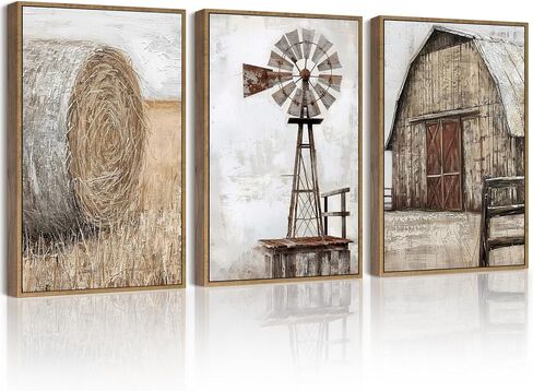 Drsoum Farmhouse Wall Art Vintage Rustic Windmill Barn Cornfield Pictures Framed Painting Landscape Countryside Rural Canvas Artwork Home Decor Ready to Hang 11x14in - Natural Framed in Saudi Arabia