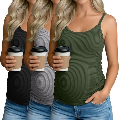 3 Pack Women's Maternity Tank Tops Casual Ribbed Spaghetti Strap Pregnancy Cami Top Sleeveless Ruched Camisole in Kuwait