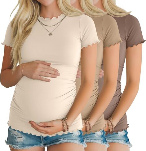 Xaatren 3 Pack Women's Maternity Shirts Crew Neck Short Sleeve Maternity Tops Side Ruched Lettuce Trim Pregnancy Tees in Kuwait
