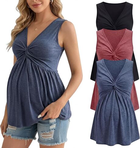Cutecrop 3 Pack Women Maternity Tank Tops Sleeveless V Neck Pregnancy Shirts Front Knotted Pregnancy Waist Tunic Tops in Kuwait