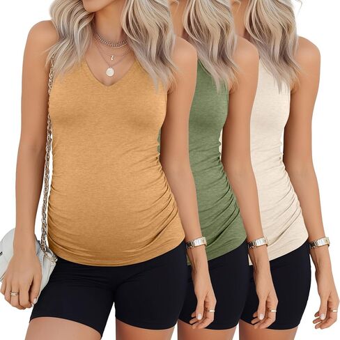 3 Pack Maternity Tank Tops for Women Summer Pregnancy Shirts Pregnant V Neck Sleeveless Ruch Side Casual Clothes in Kuwait