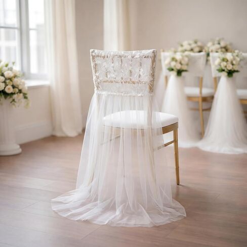Moukeren Elegant Lace Tulle Wedding Chair Cover for Bridal Shower White Romantic Tutu Chair Skirt Bridal Chairs Decor with Floral Lace Top for Wedding Party Events Banquet Decor Bride to Be in Saudi Arabia