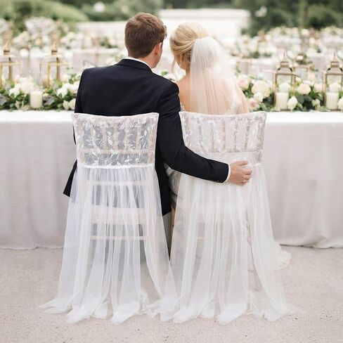 Moukeren Elegant Lace Tulle Wedding Chair Cover for Bridal Shower White Romantic Tutu Chair Skirt Bridal Chairs Decor with Floral Lace Top for Wedding Party Events Banquet Decor Bride to Be in Saudi Arabia