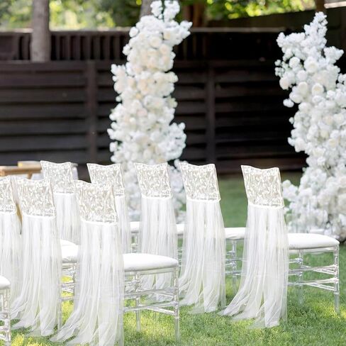 Moukeren Elegant Lace Tulle Wedding Chair Cover for Bridal Shower White Romantic Tutu Chair Skirt Bridal Chairs Decor with Floral Lace Top for Wedding Party Events Banquet Decor Bride to Be in Saudi Arabia