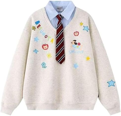 Y2k Kawaii Puppy Print Fake Two Piece Sweatshirt Harajuku Street Vintage Preppy Tie Shirt Collar Loose Fit Pullover in Saudi Arabia