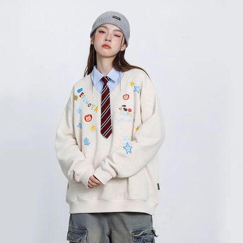 Y2k Kawaii Puppy Print Fake Two Piece Sweatshirt Harajuku Street Vintage Preppy Tie Shirt Collar Loose Fit Pullover in Saudi Arabia