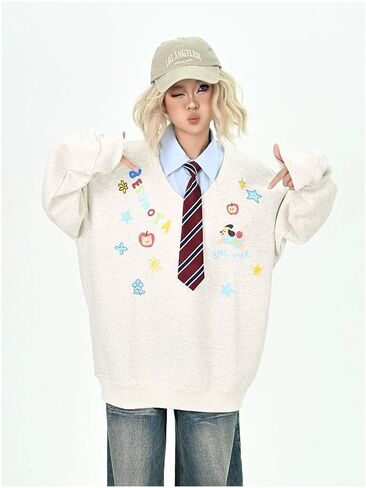 Y2k Kawaii Puppy Print Fake Two Piece Sweatshirt Harajuku Street Vintage Preppy Tie Shirt Collar Loose Fit Pullover in Saudi Arabia