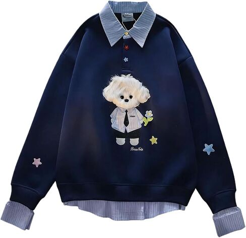 Y2k Kawaii Puppy Print Fake Two Piece Sweatshirt Harajuku Street Vintage Preppy Tie Shirt Collar Loose Fit Pullover in Saudi Arabia