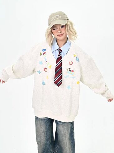 Y2k Kawaii Puppy Print Fake Two Piece Sweatshirt Harajuku Street Vintage Preppy Tie Shirt Collar Loose Fit Pullover in Saudi Arabia