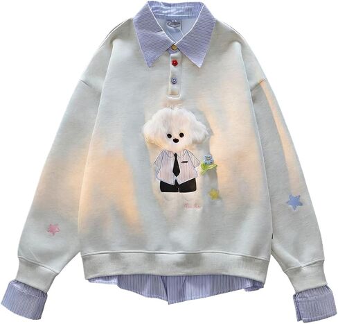 Y2k Kawaii Puppy Print Fake Two Piece Sweatshirt Harajuku Street Vintage Preppy Tie Shirt Collar Loose Fit Pullover in Saudi Arabia