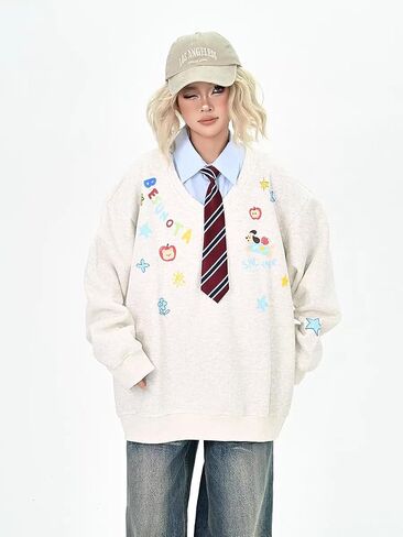 Y2k Kawaii Puppy Print Fake Two Piece Sweatshirt Harajuku Street Vintage Preppy Tie Shirt Collar Loose Fit Pullover in Saudi Arabia