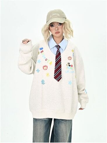 Y2k Kawaii Puppy Print Fake Two Piece Sweatshirt Harajuku Street Vintage Preppy Tie Shirt Collar Loose Fit Pullover in Saudi Arabia