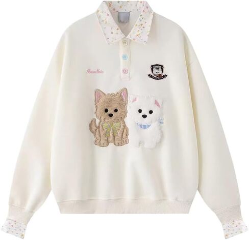 Y2k Kawaii Puppy Print Fake Two Piece Sweatshirt Harajuku Street Vintage Preppy Tie Shirt Collar Loose Fit Pullover in Saudi Arabia