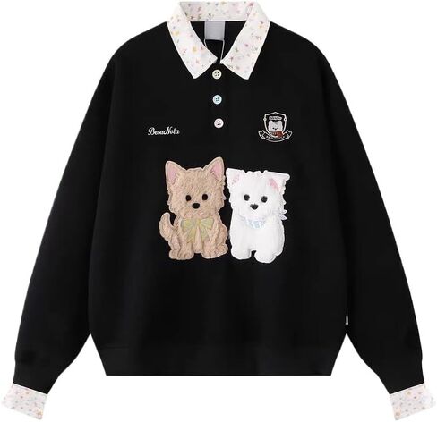 Y2k Kawaii Puppy Print Fake Two Piece Sweatshirt Harajuku Street Vintage Preppy Tie Shirt Collar Loose Fit Pullover in Saudi Arabia
