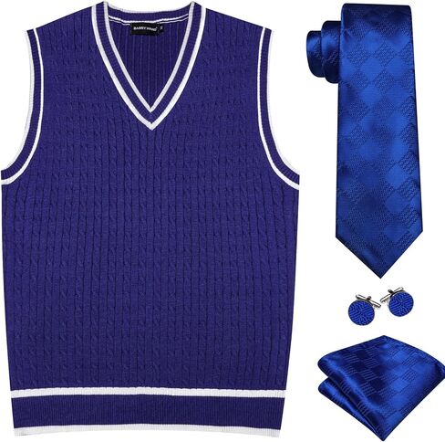 Barry.Wang Men's Sweater Vests Tie Set Silm Fit V-Neck Cable Knit Sleeveless Pullovers Sweaters Tops Waistcoat Casual 4PCS in Kuwait