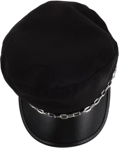 VALICLUD Women Yacht Captain Sailor Newsboy Hat with Chain, Lightweight Pu Leather Vintage British Style Flat Top Short Brim Cap for Ladies, Pressure Reducing Classic Black Hat in Saudi Arabia