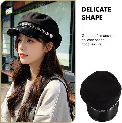 VALICLUD Women Yacht Captain Sailor Newsboy Hat with Chain, Lightweight Pu Leather Vintage British Style Flat Top Short Brim Cap for Ladies, Pressure Reducing Classic Black Hat in Saudi Arabia