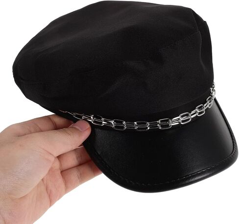 VALICLUD Women Yacht Captain Sailor Newsboy Hat with Chain, Lightweight Pu Leather Vintage British Style Flat Top Short Brim Cap for Ladies, Pressure Reducing Classic Black Hat in Saudi Arabia