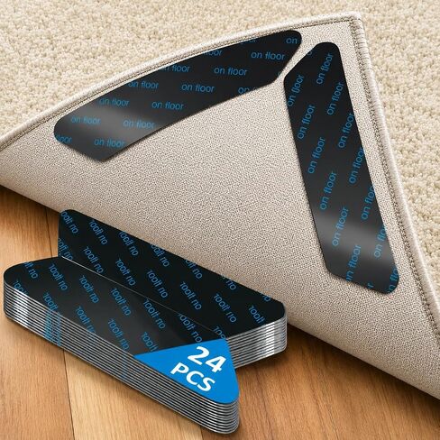 Rug Grippers 24PCS, Trapezoid Non Slip Rug Pads, Reusable Washable PU Carpet Tape, Strong Adhesive Rug Corner Tape for Hardwood Floors Tile Laminate Marble, Black in Saudi Arabia