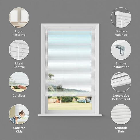 Lumino - Cordless Light Filtering Mini Blinds for Indoor Windows - 18'' W x 36'' L - White, 1" Vinyl Slats, Smooth Lift Operation, Horizontal Window Blinds for Home in Saudi Arabia