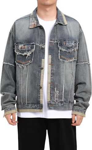 Men's Distressed Denim Jacket Vintage Ripped Patchwork Jean Coat Destroyed Frayed Edge Streetwear in Saudi Arabia